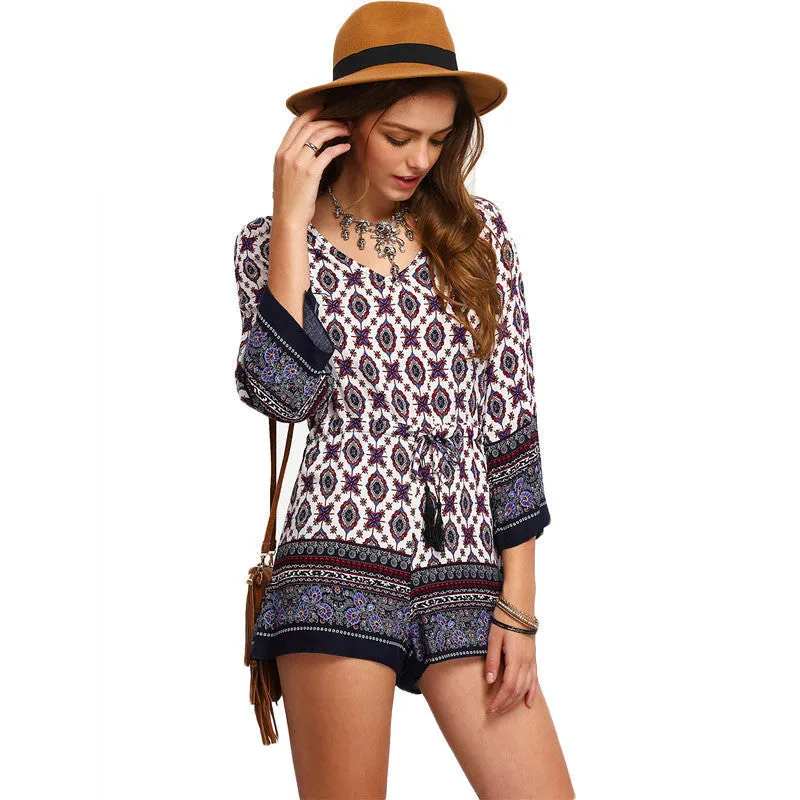 Shorts Rompers Womens Jumpsuits Summer Multicolor V Neck Three Quarter Length Sleeve Tribal Print Tassel-Tied Romper