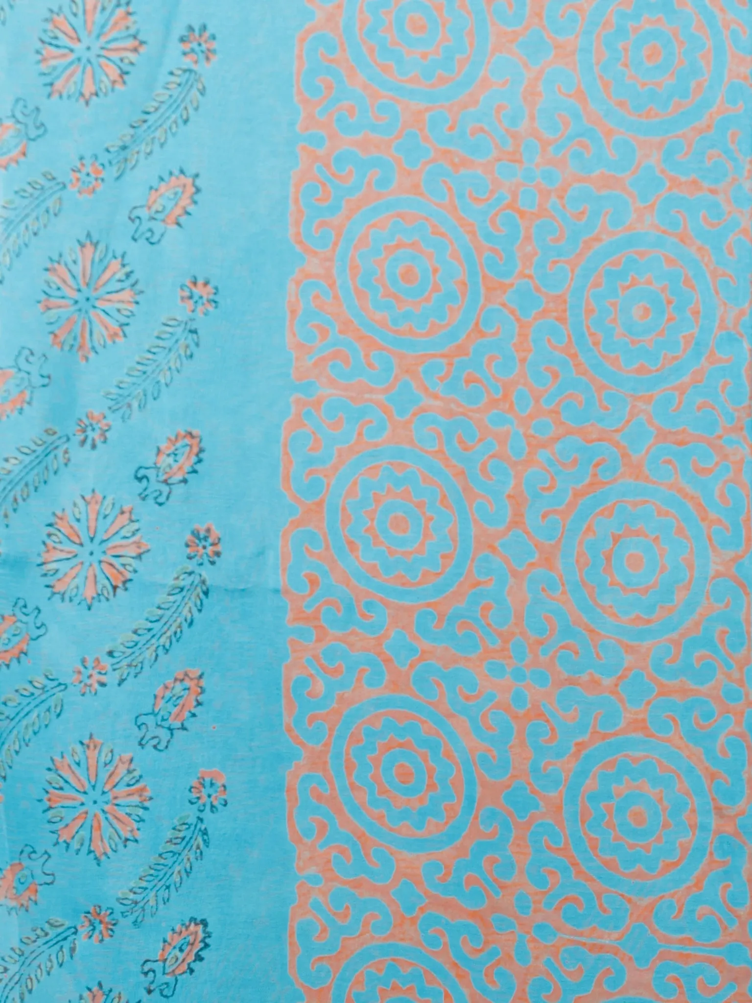 Sky Blue Coral Hand Block Printed Chiffon Saree with Zari Border - S031703418