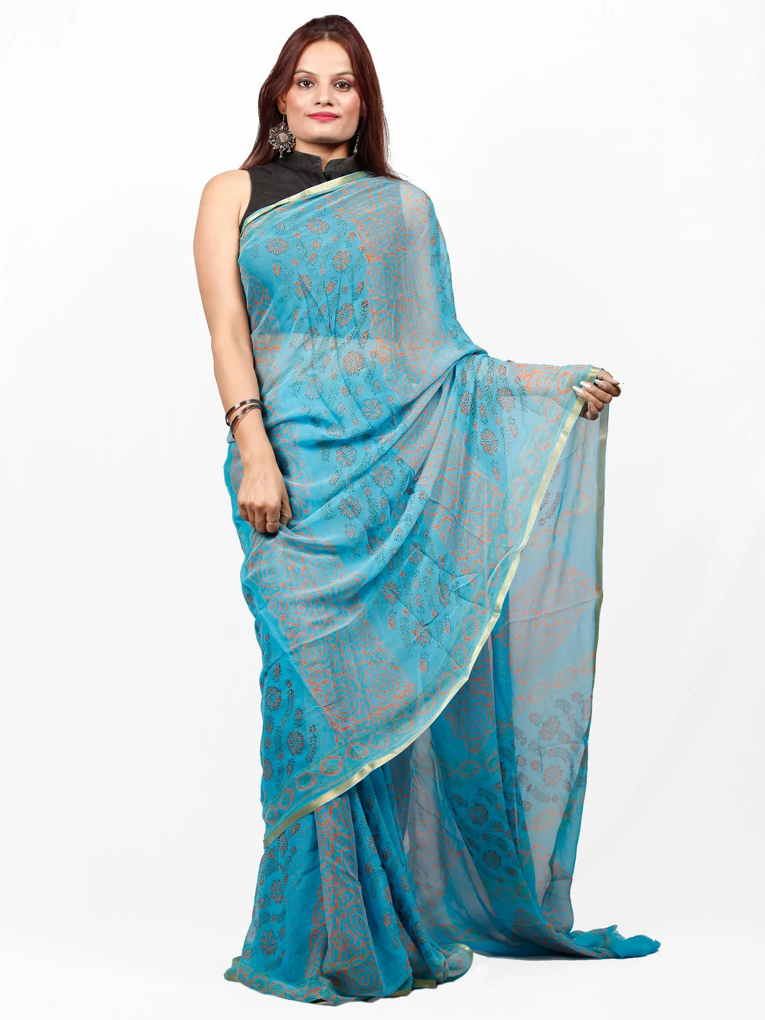 Sky Blue Coral Hand Block Printed Chiffon Saree with Zari Border - S031703418