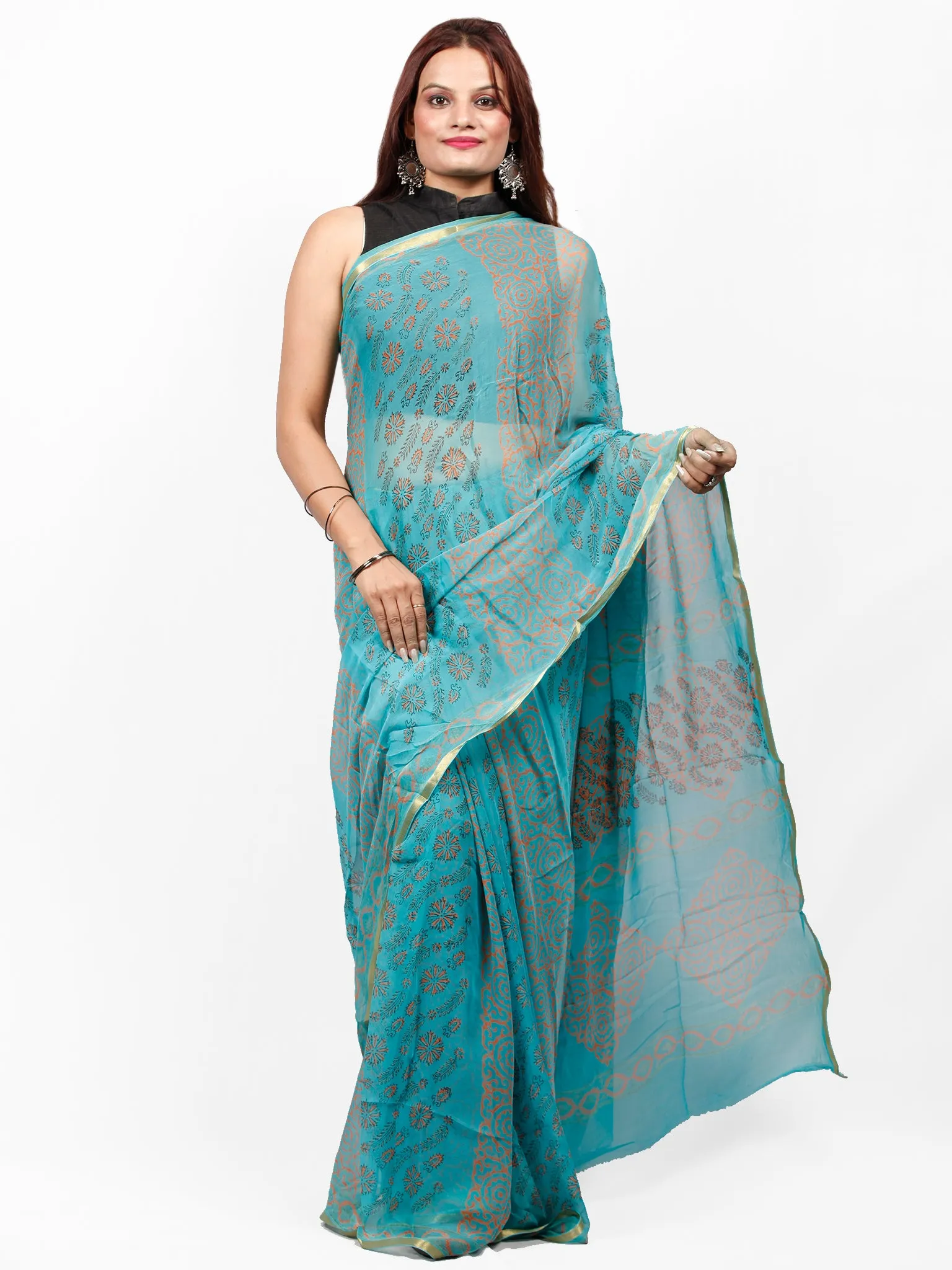 Sky Blue Coral Hand Block Printed Chiffon Saree with Zari Border - S031703419