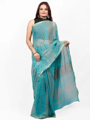 Sky Blue Coral Hand Block Printed Chiffon Saree with Zari Border - S031703419