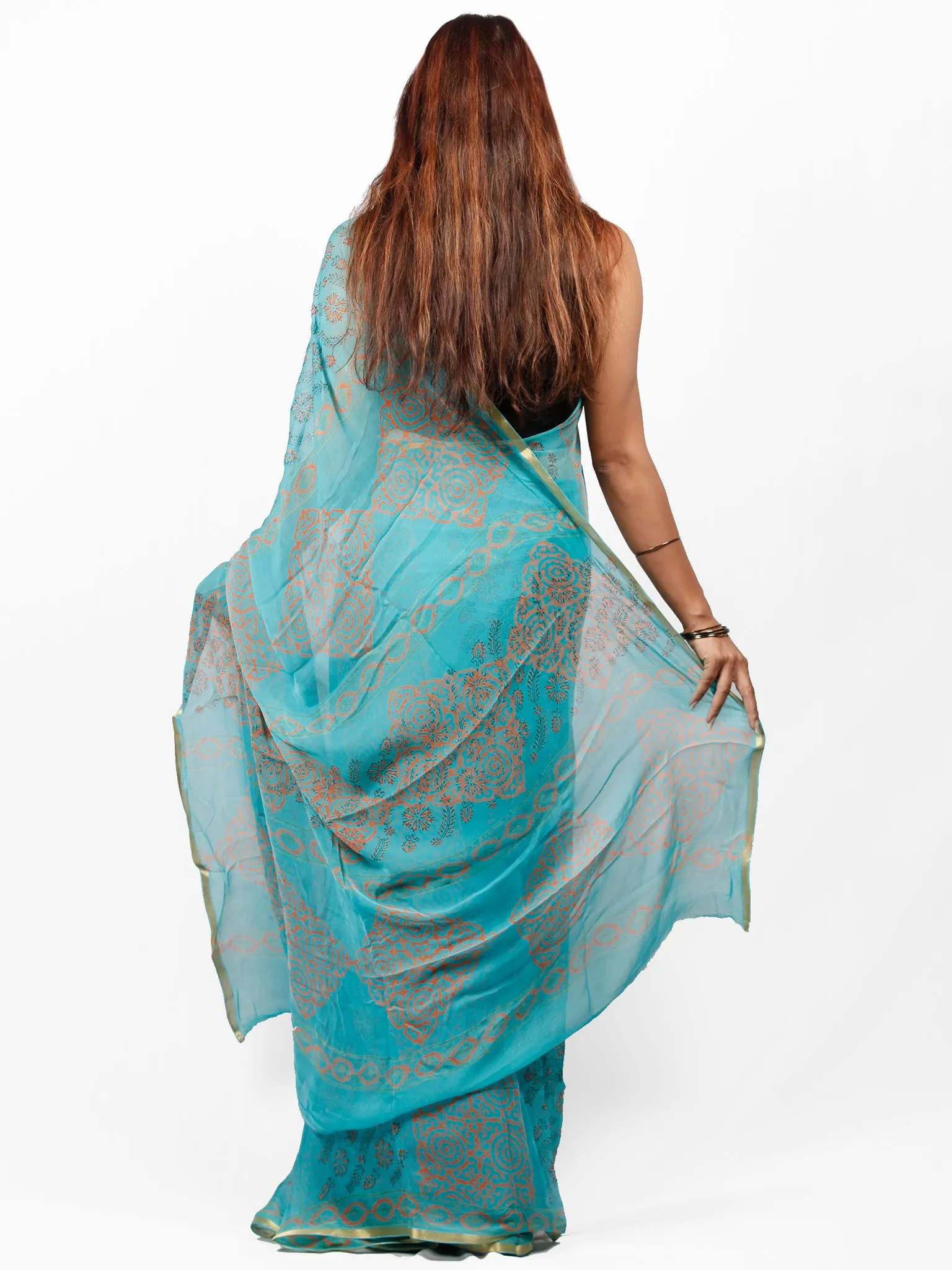 Sky Blue Coral Hand Block Printed Chiffon Saree with Zari Border - S031703419