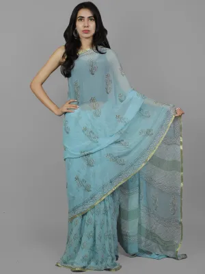 Sky Blue Ivory Green Hand Block Printed Chiffon Saree - S031702107