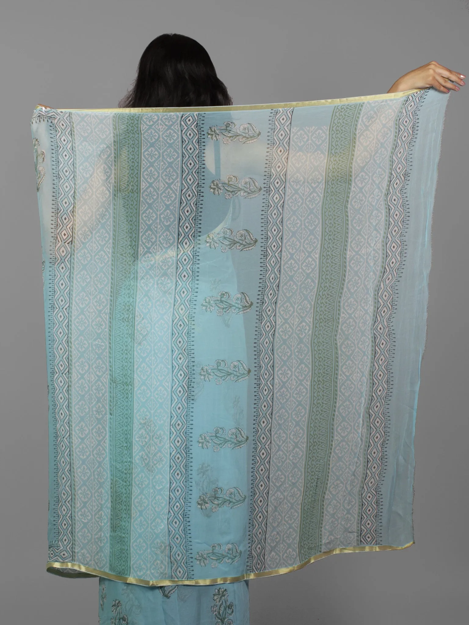 Sky Blue Ivory Green Hand Block Printed Chiffon Saree - S031702107