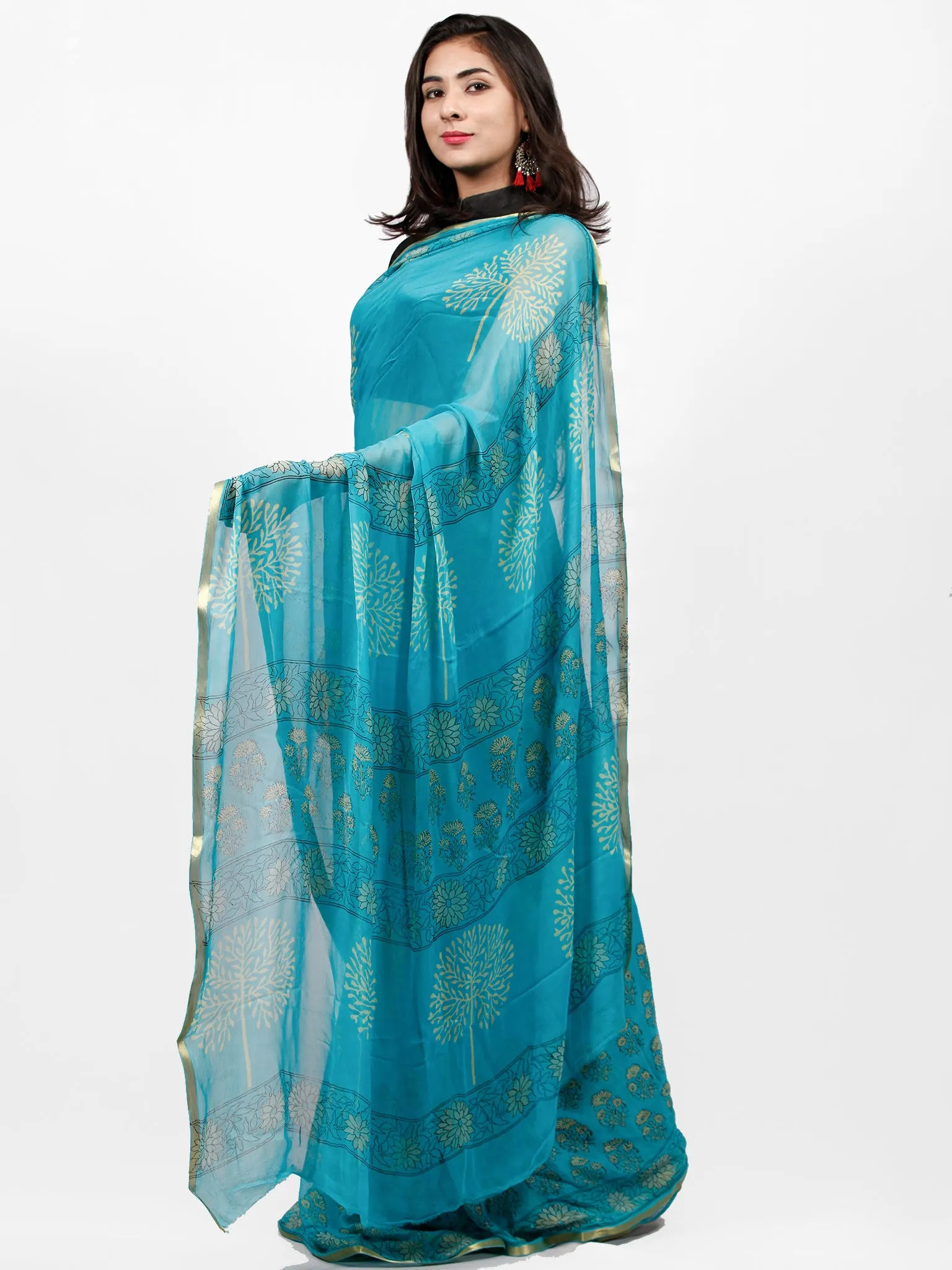 Sky Blue Yellow Hand Block Printed Chiffon Saree with Zari Border - S031703242