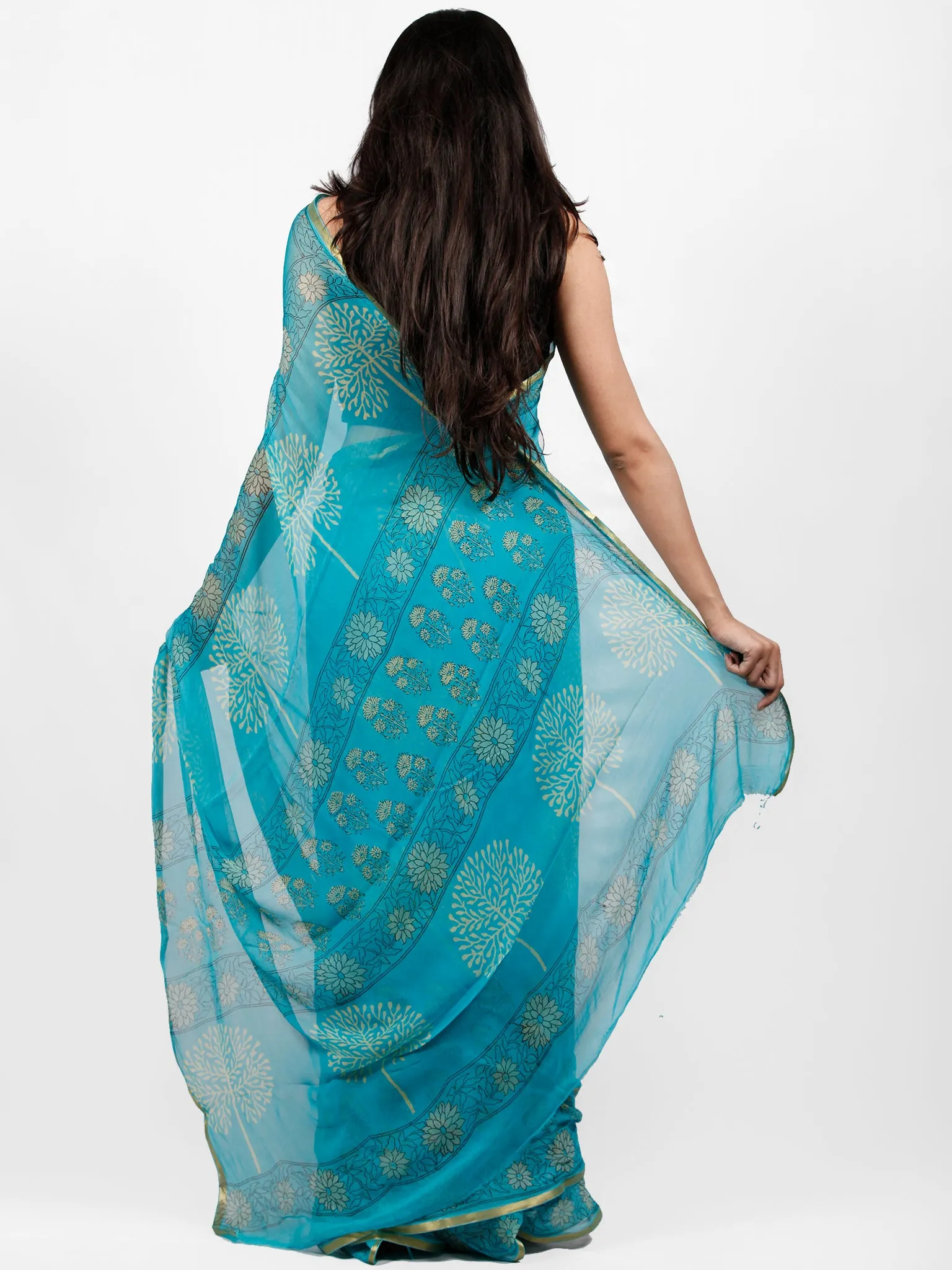 Sky Blue Yellow Hand Block Printed Chiffon Saree with Zari Border - S031703242