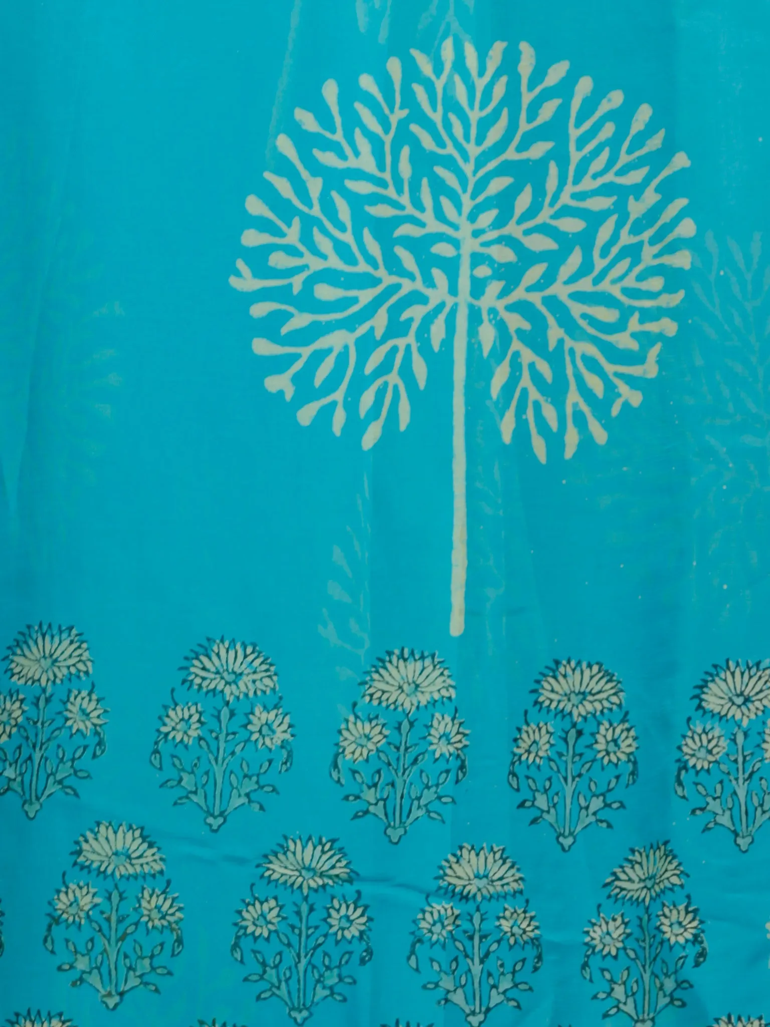 Sky Blue Yellow Hand Block Printed Chiffon Saree with Zari Border - S031703242