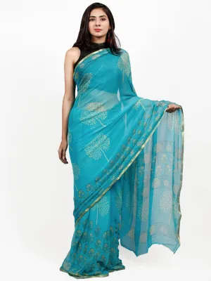 Sky Blue Yellow Hand Block Printed Chiffon Saree with Zari Border - S031703242
