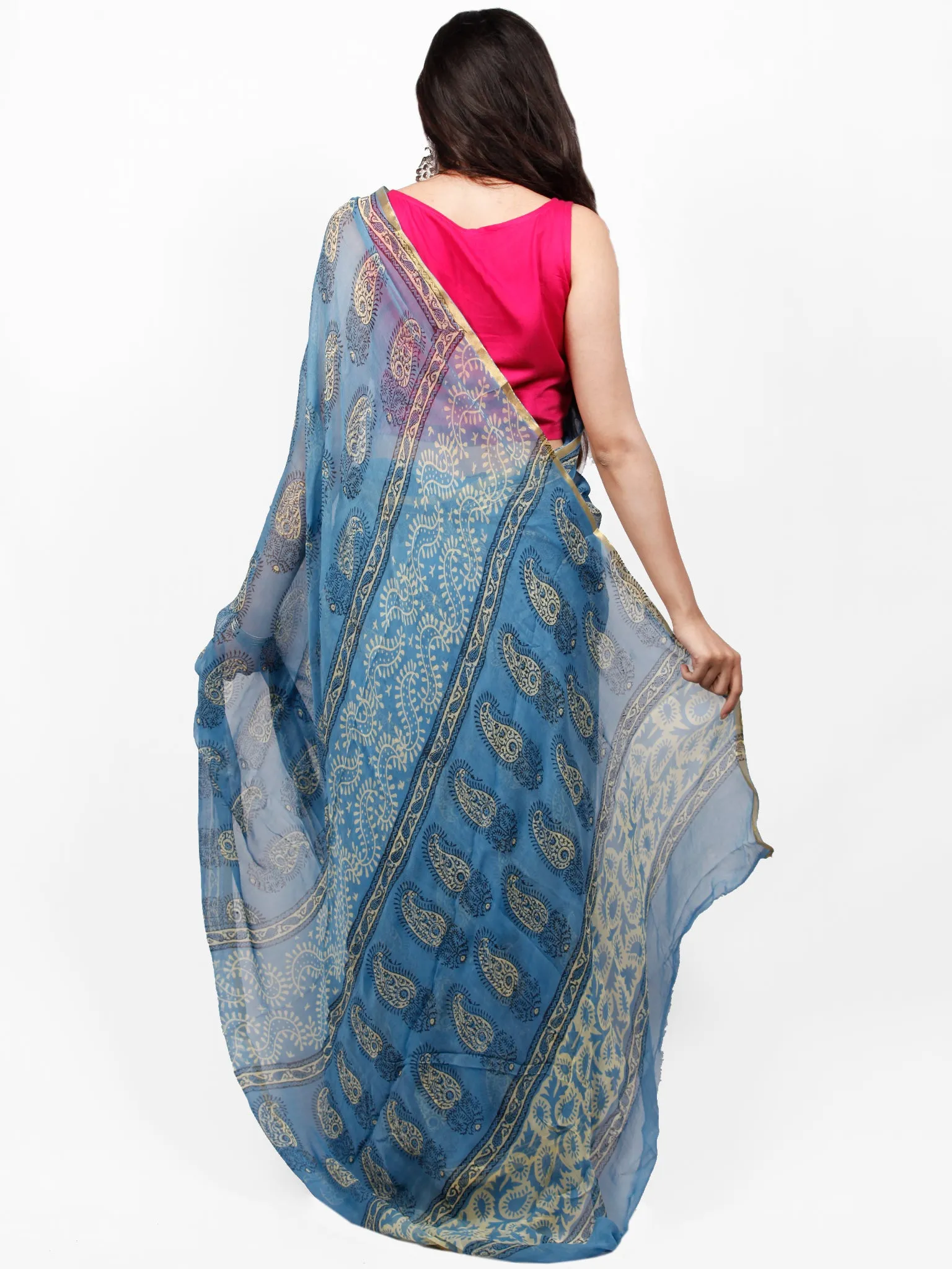 Sky Blue Yellow Hand Block Printed Chiffon Saree with Zari Border - S031703271