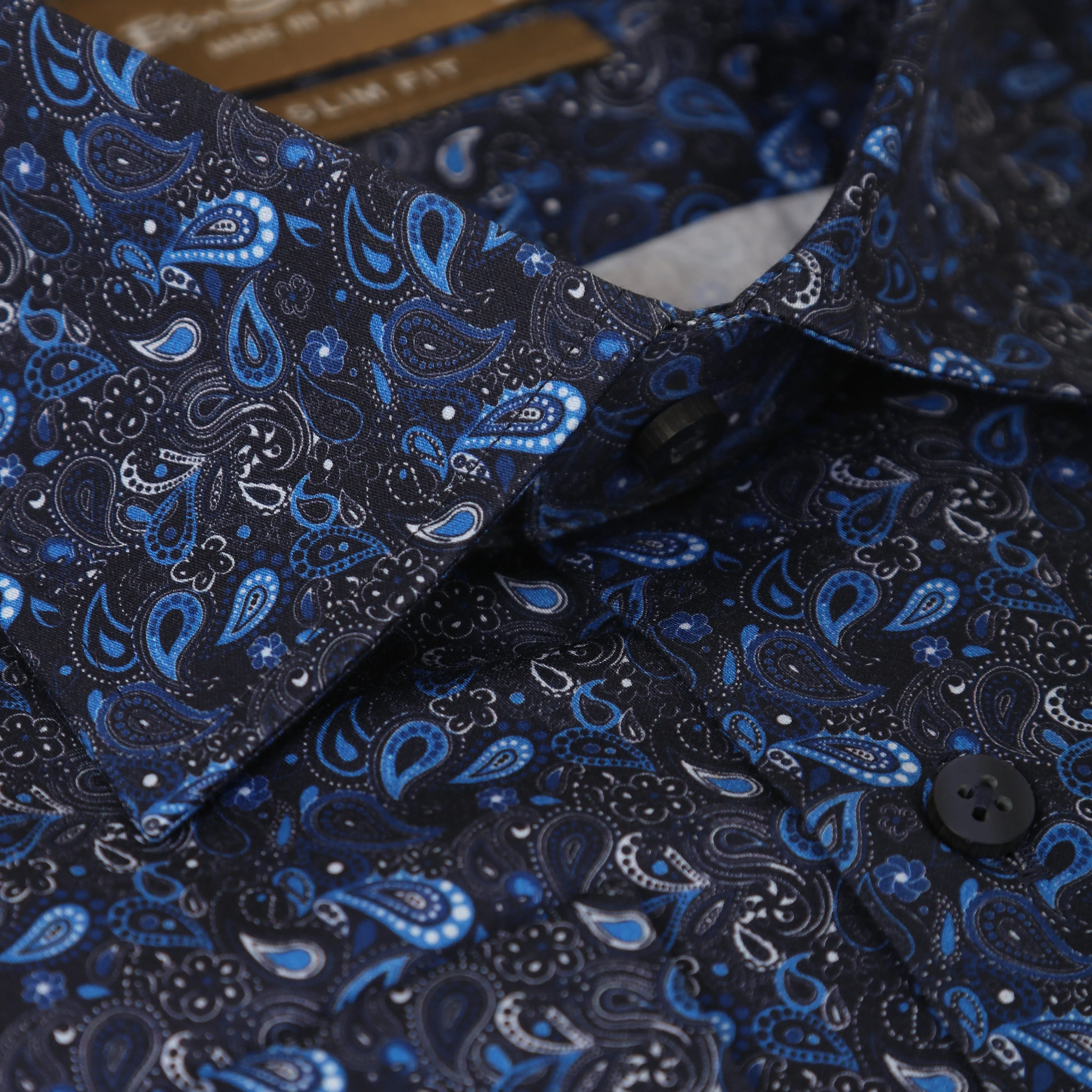 Slim Fit Navy Cotton Shirt - Paisley Pattern-Turkish Made