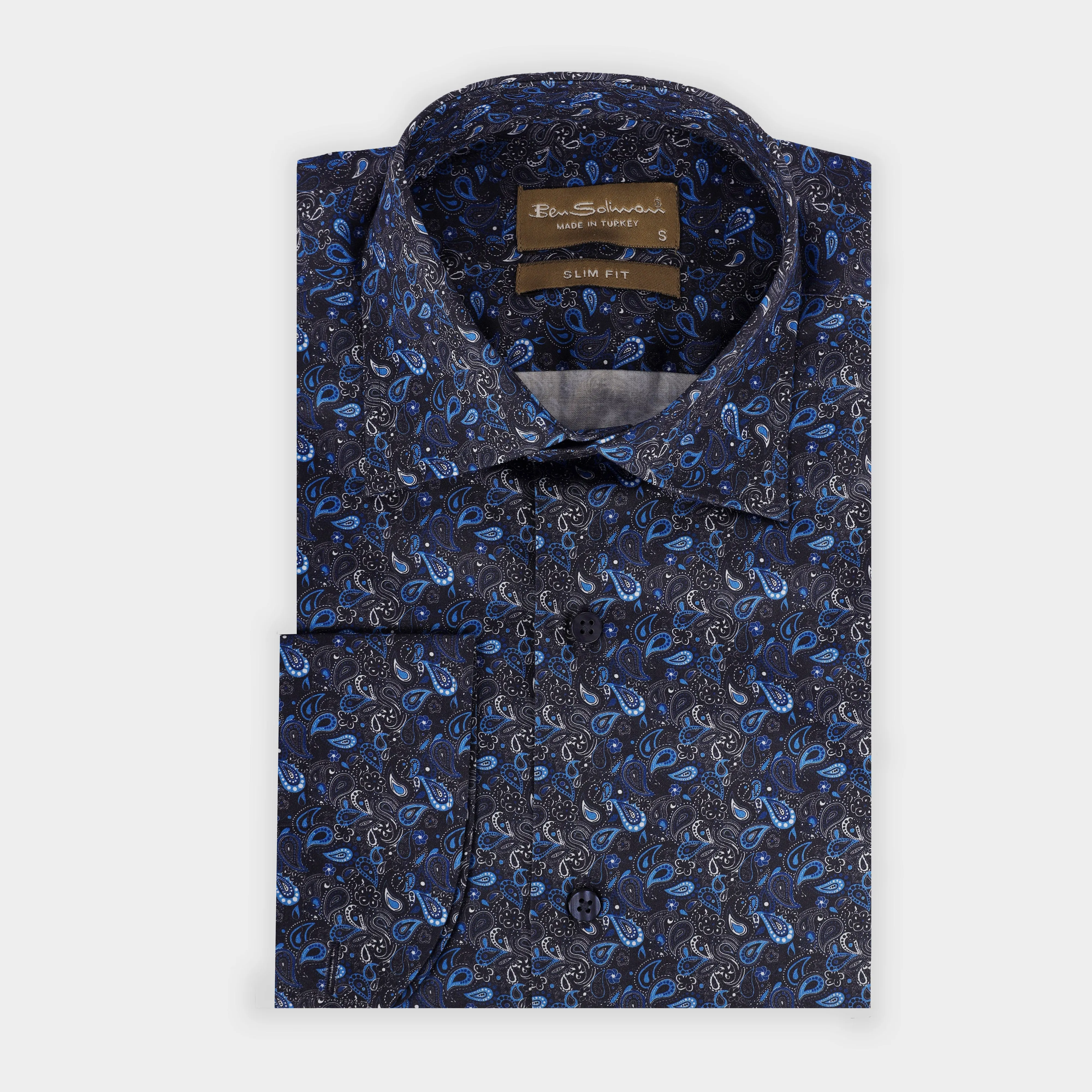 Slim Fit Navy Cotton Shirt - Paisley Pattern-Turkish Made