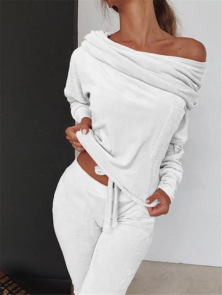Slim Fit Velvet Tracksuit Off Shoulder Drawstring Tops   Pocket Sweatpants