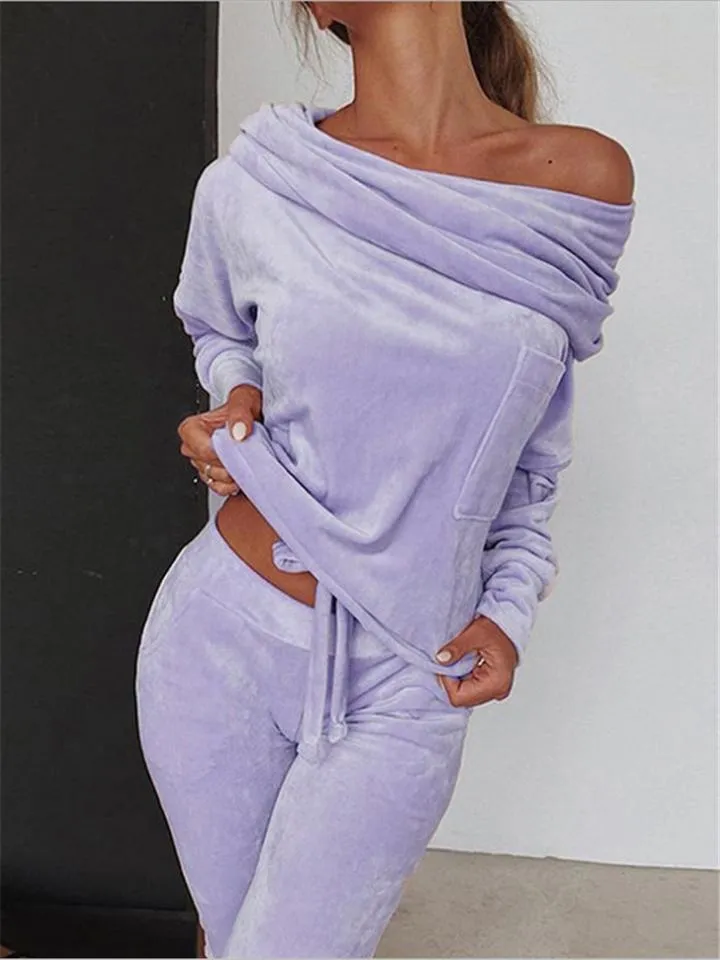 Slim Fit Velvet Tracksuit Off Shoulder Drawstring Tops   Pocket Sweatpants