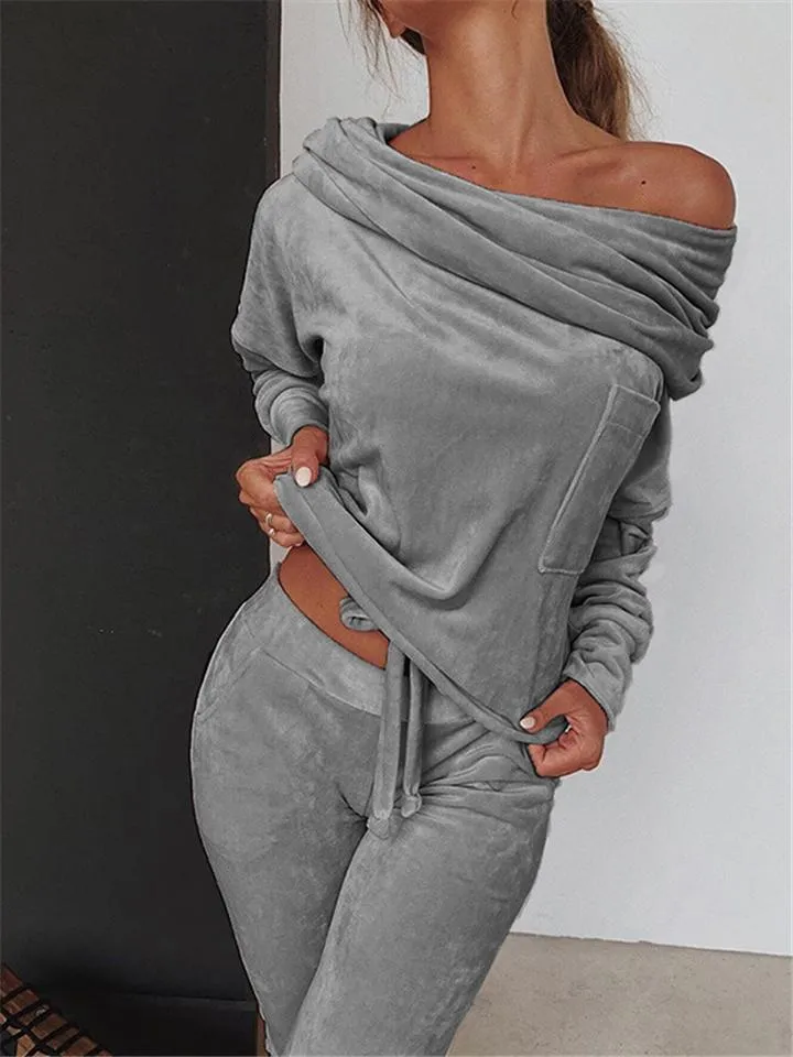 Slim Fit Velvet Tracksuit Off Shoulder Drawstring Tops   Pocket Sweatpants