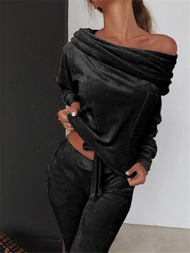Slim Fit Velvet Tracksuit Off Shoulder Drawstring Tops   Pocket Sweatpants