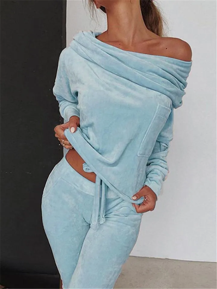 Slim Fit Velvet Tracksuit Off Shoulder Drawstring Tops   Pocket Sweatpants