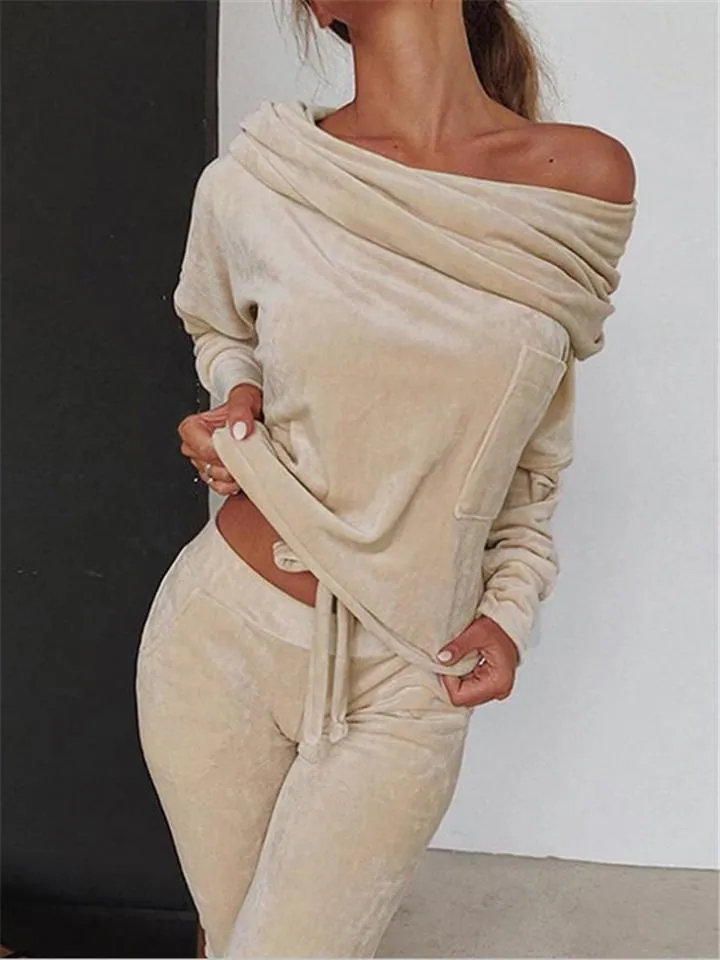 Slim Fit Velvet Tracksuit Off Shoulder Drawstring Tops   Pocket Sweatpants
