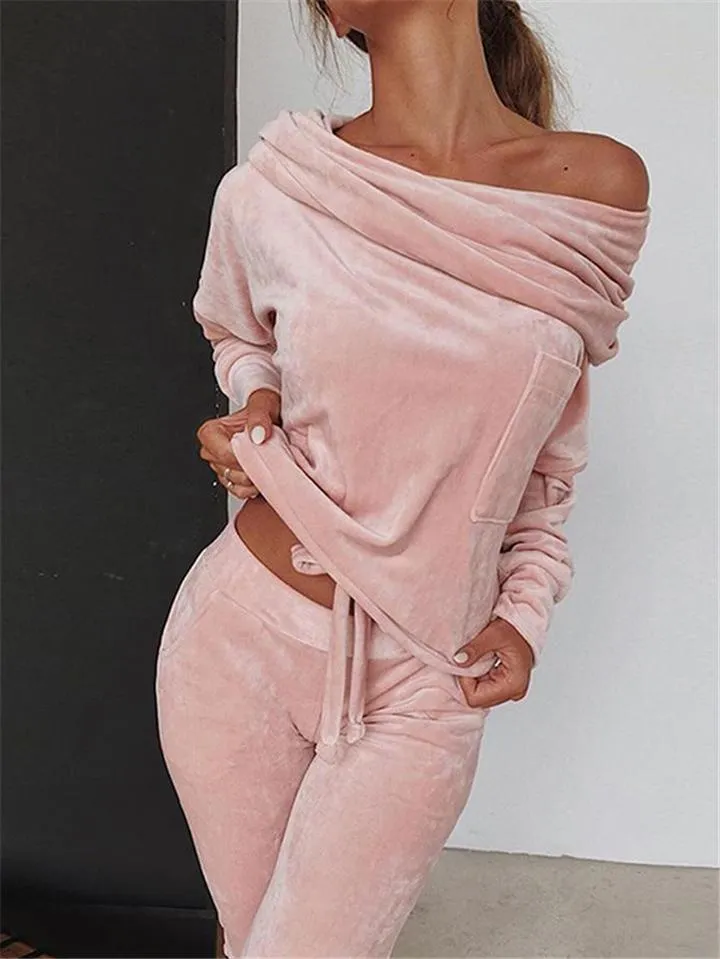 Slim Fit Velvet Tracksuit Off Shoulder Drawstring Tops   Pocket Sweatpants
