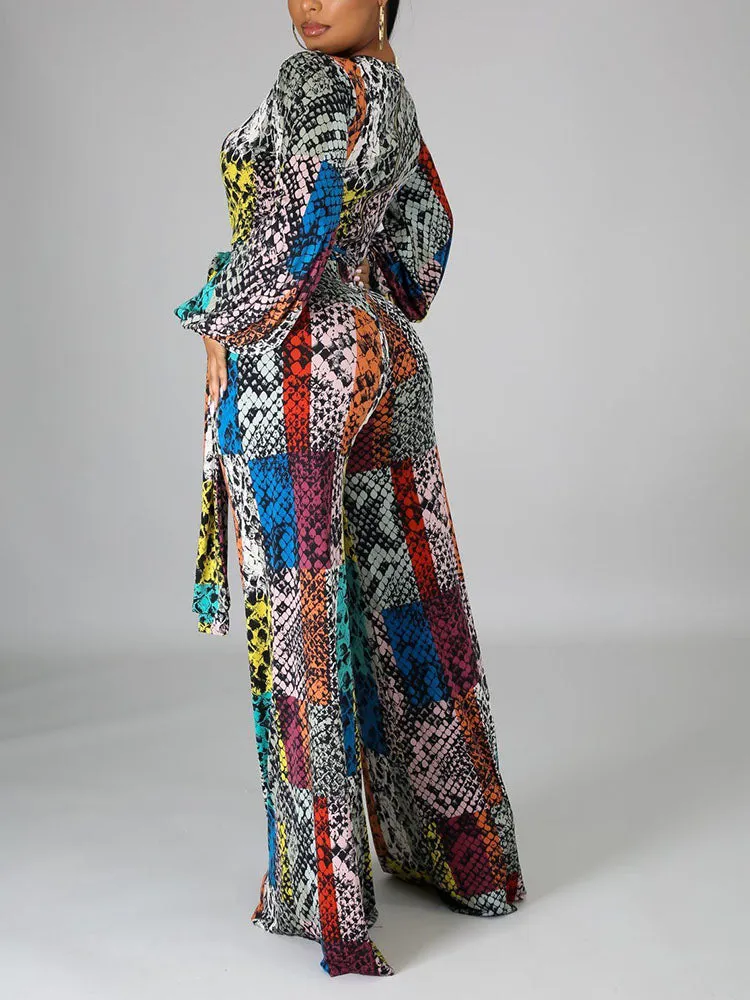 Snake Print V Neck Wide Leg Jumpsuits
