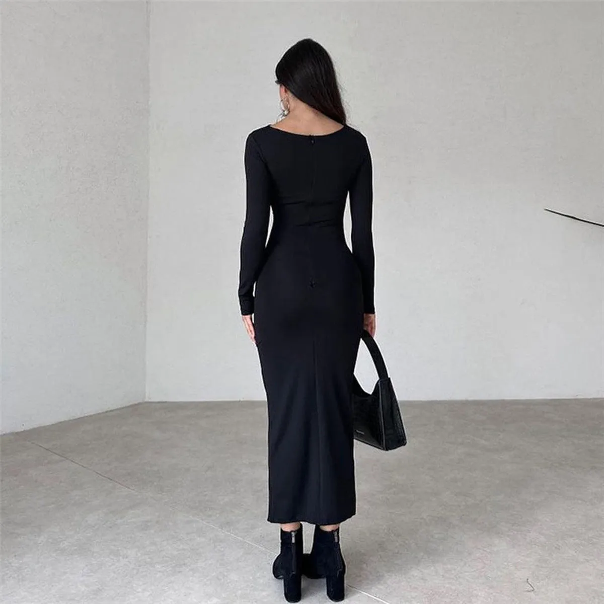 Solid Black Side Ruched Dress