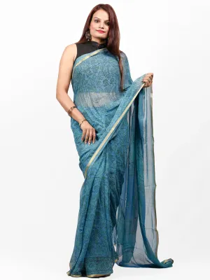 Steel Blue Green Hand Block Printed Chiffon Saree with Zari Border - S031703432