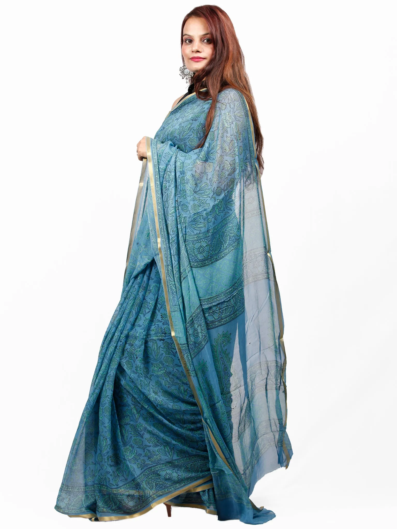 Steel Blue Green Hand Block Printed Chiffon Saree with Zari Border - S031703432