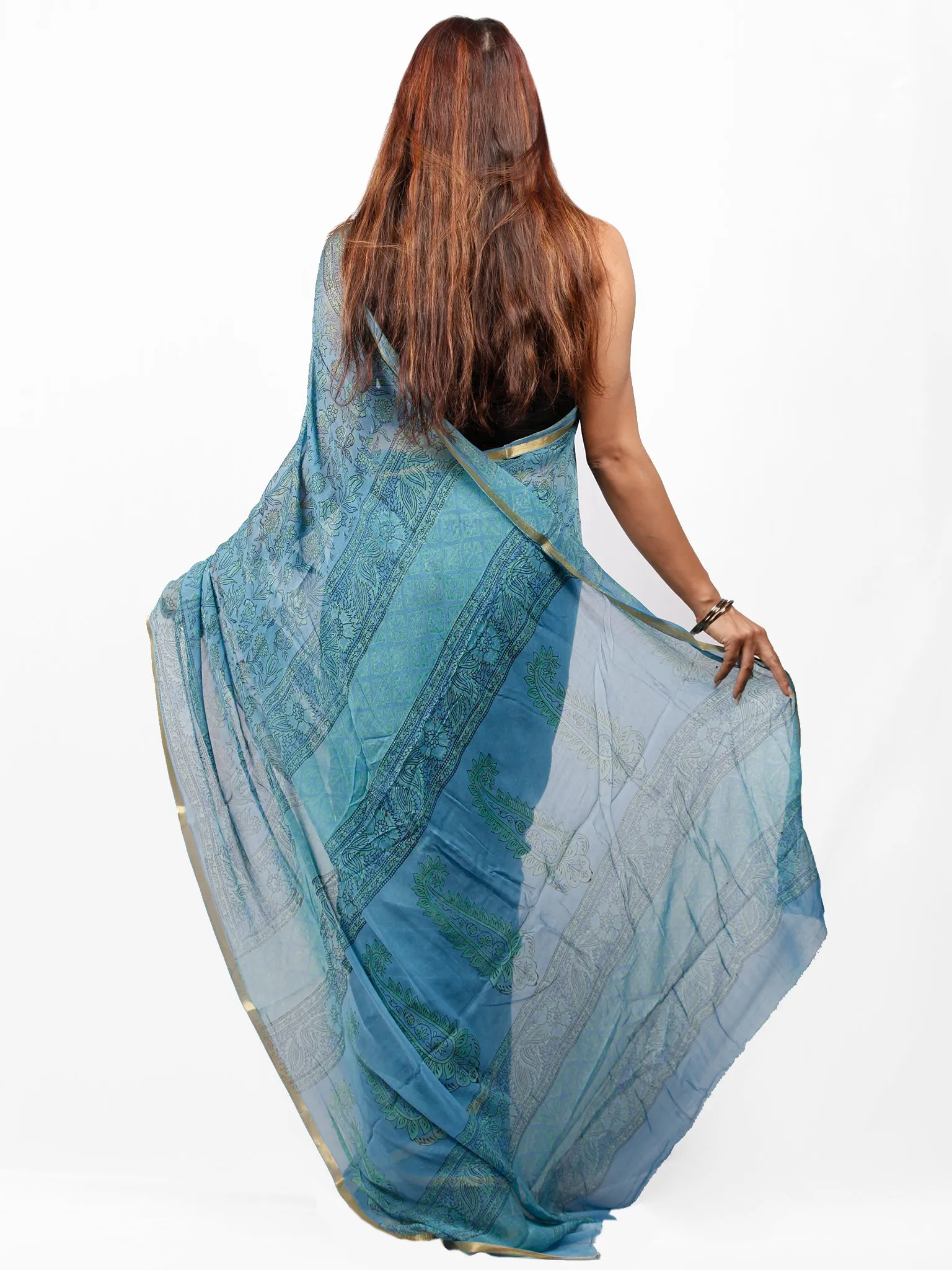 Steel Blue Green Hand Block Printed Chiffon Saree with Zari Border - S031703432