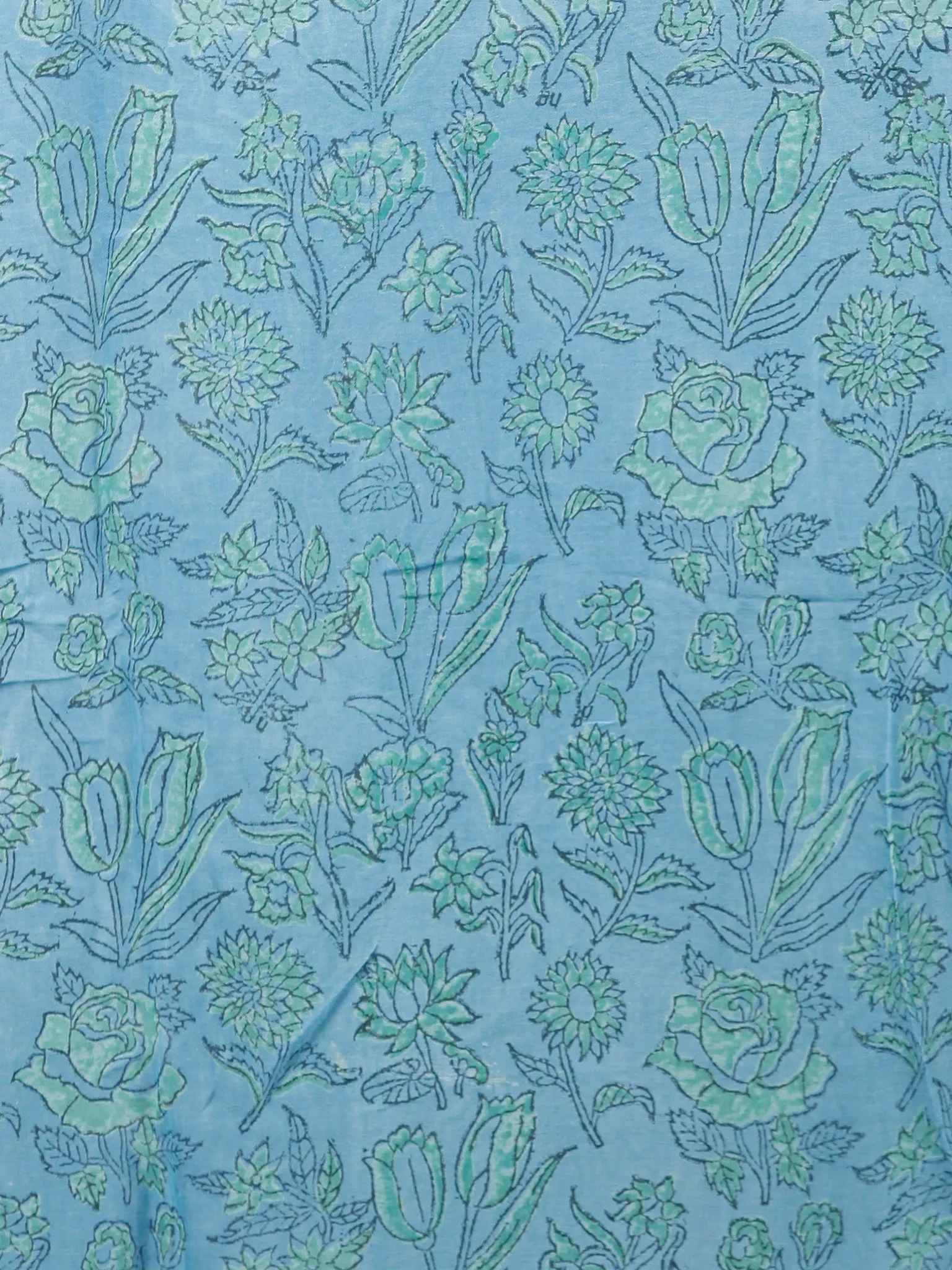 Steel Blue Green Hand Block Printed Chiffon Saree with Zari Border - S031703432