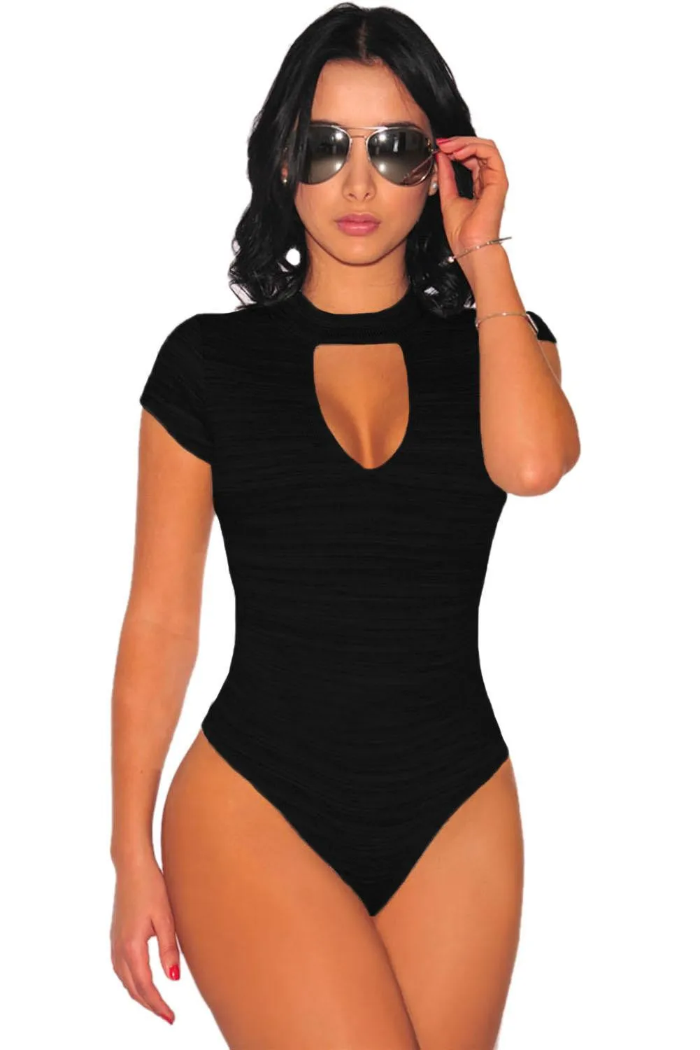 Summer Women's Sexy Hollow Out White Gray Marled Peep Hole Choker Turtleneck Bodysuit LGY32049