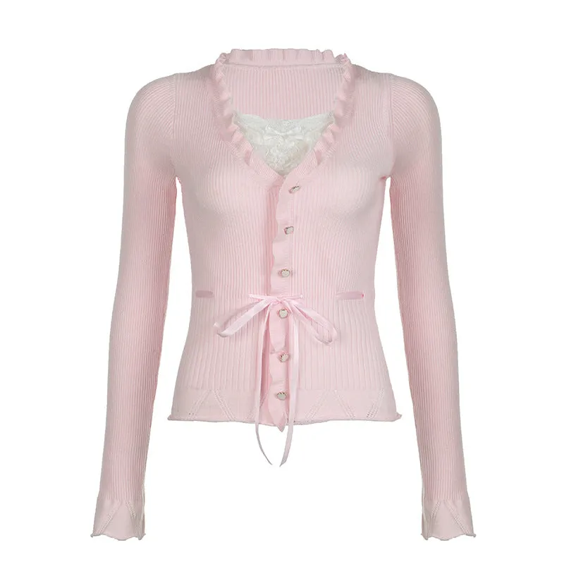 Sweet Style Lace Stitching Love Button Fake Two Pieces Sweaters Curling Top