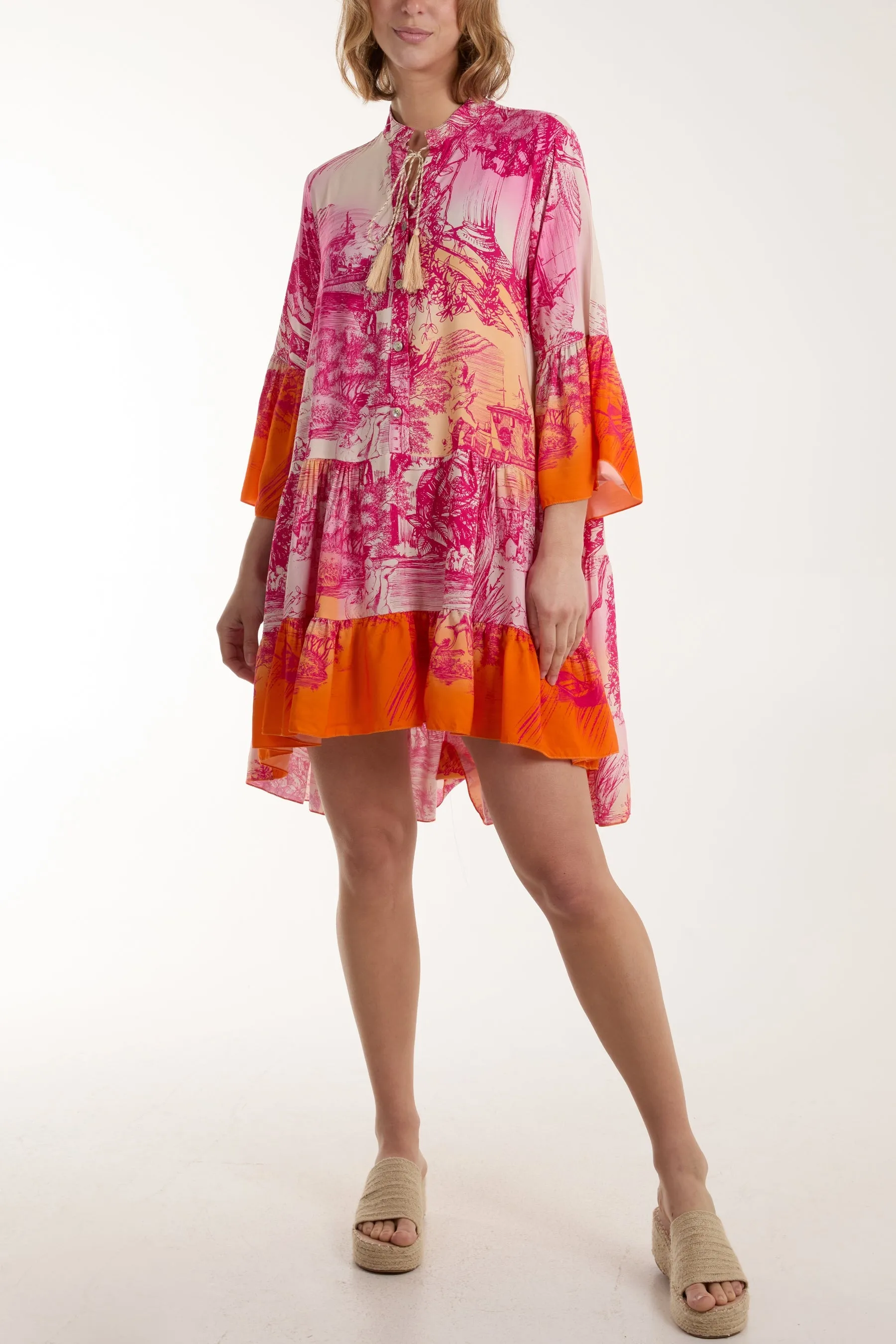 Tassels Toile De Jouy Tiered Dress