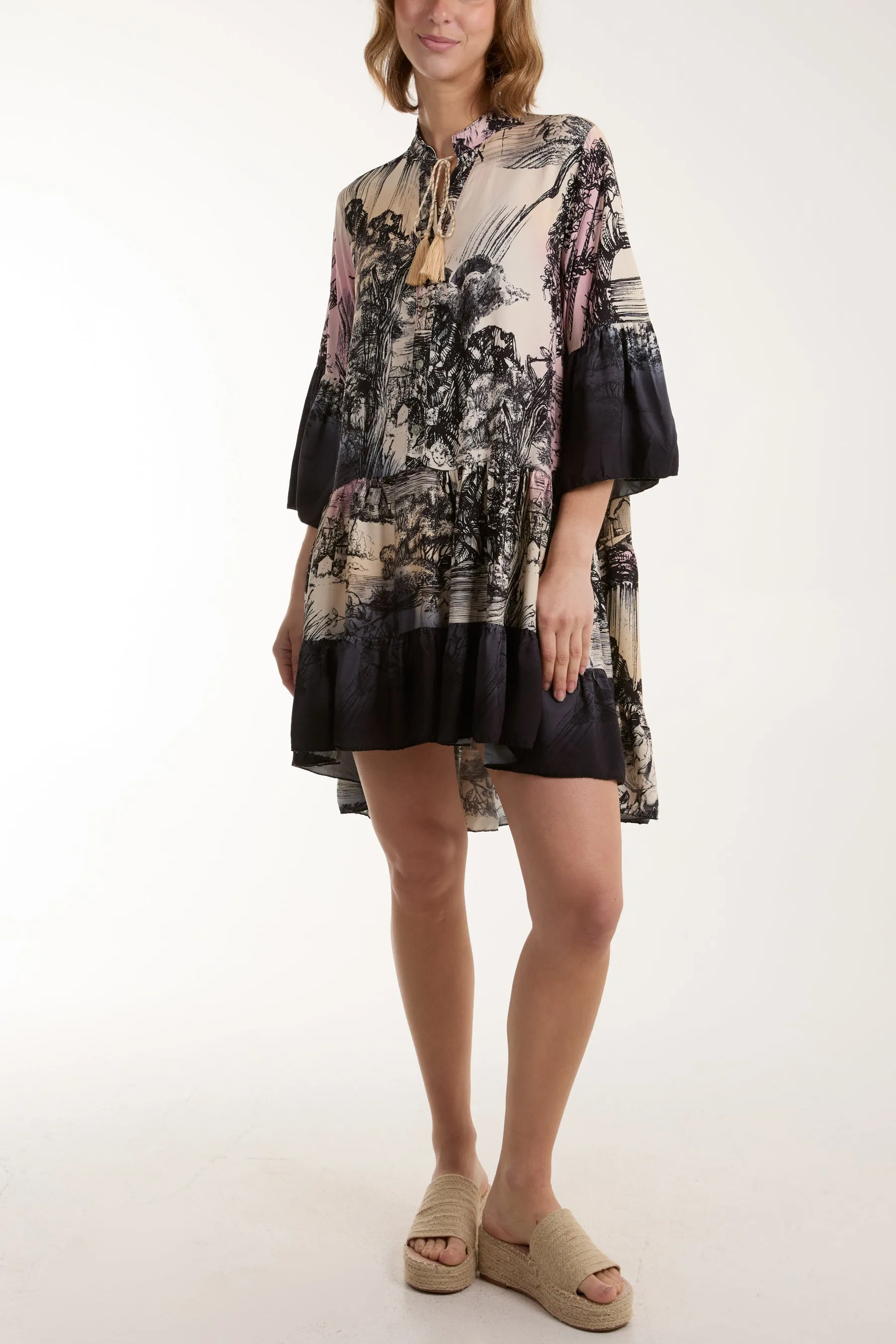 Tassels Toile De Jouy Tiered Dress