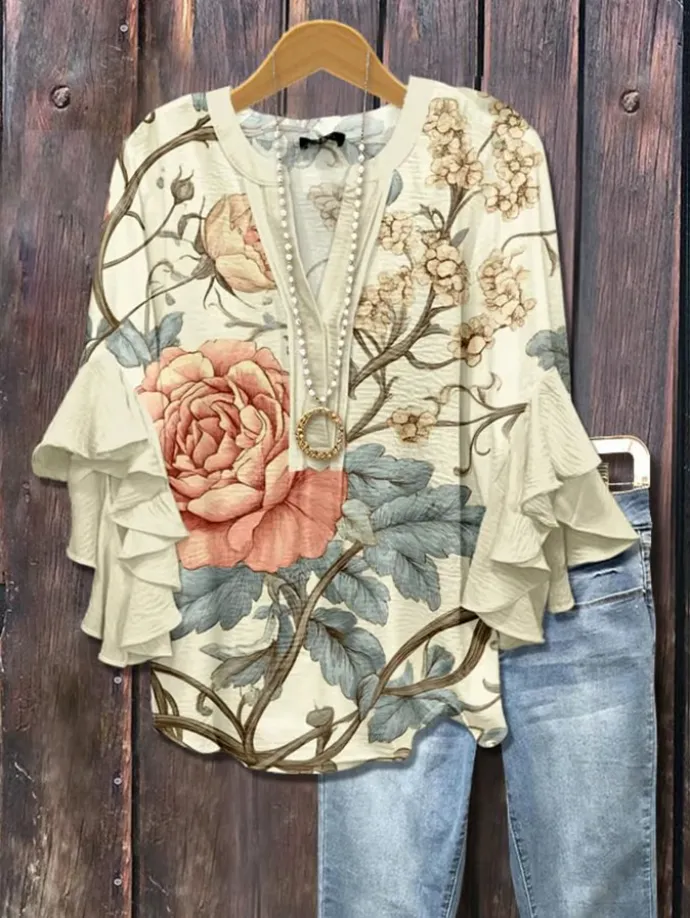 Whispering Blooms - Ruffle Sleeve Floral Blouse
