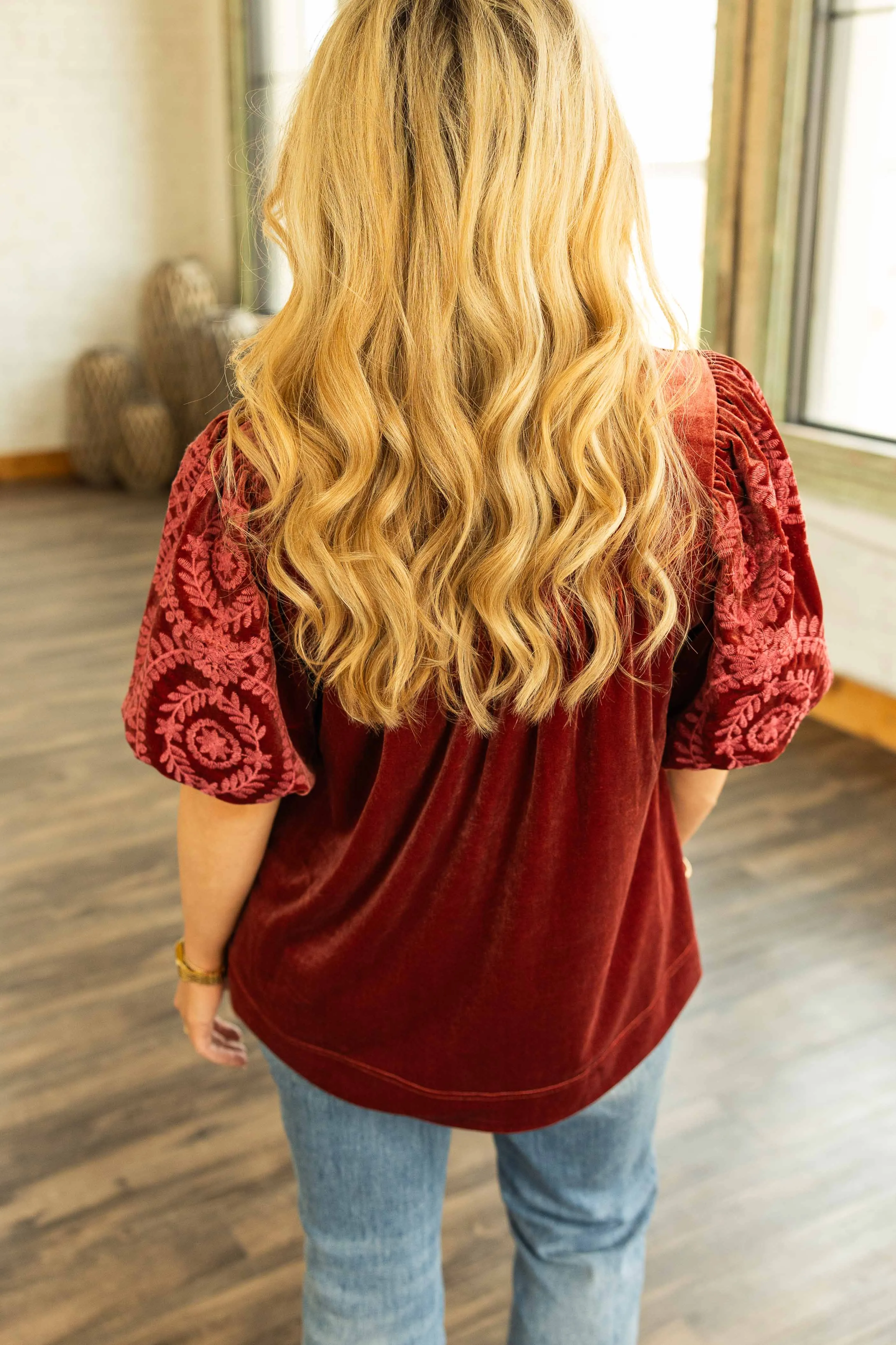 WHITNEY VELVET EMBROIDERED SLEEVE TOP