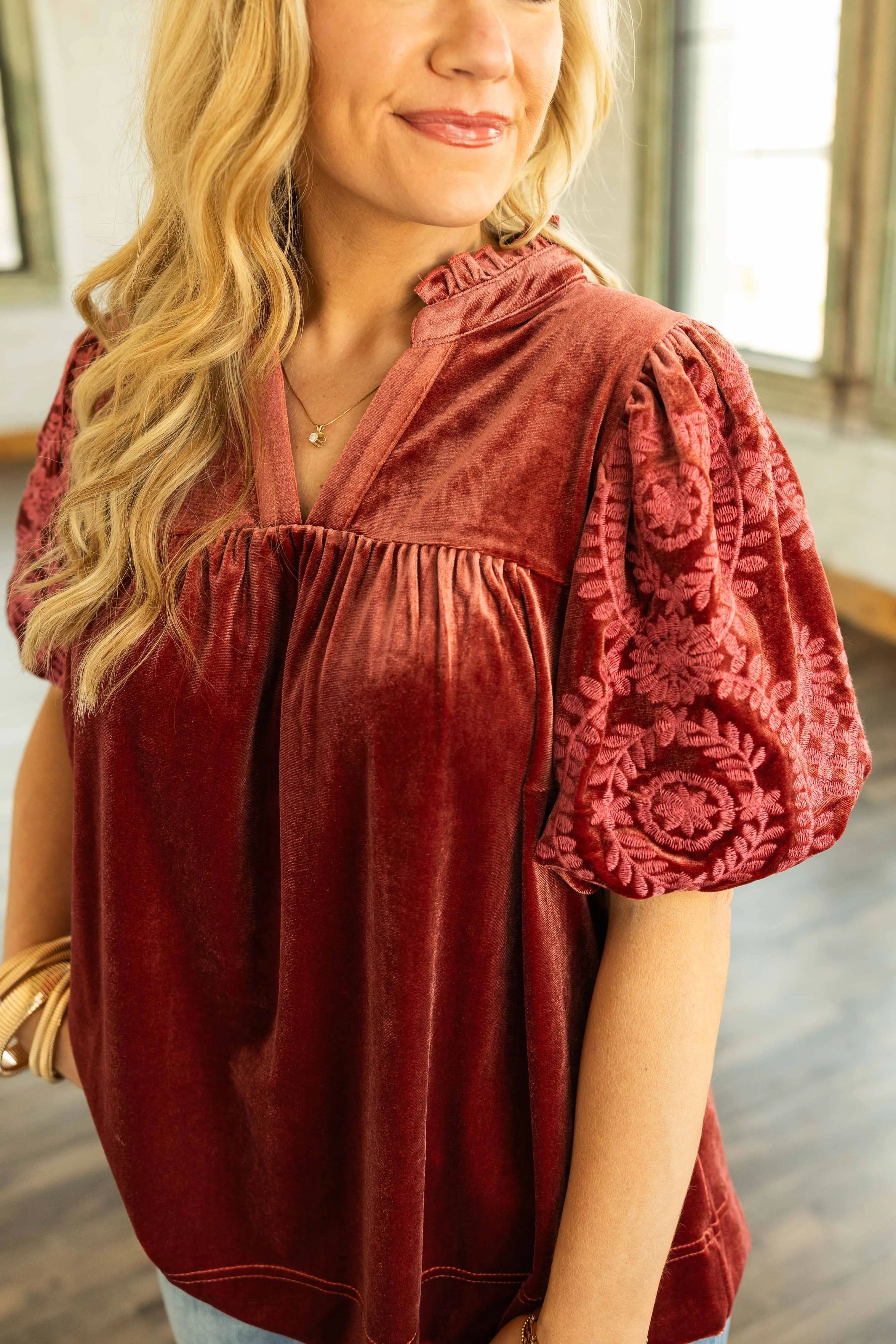 WHITNEY VELVET EMBROIDERED SLEEVE TOP