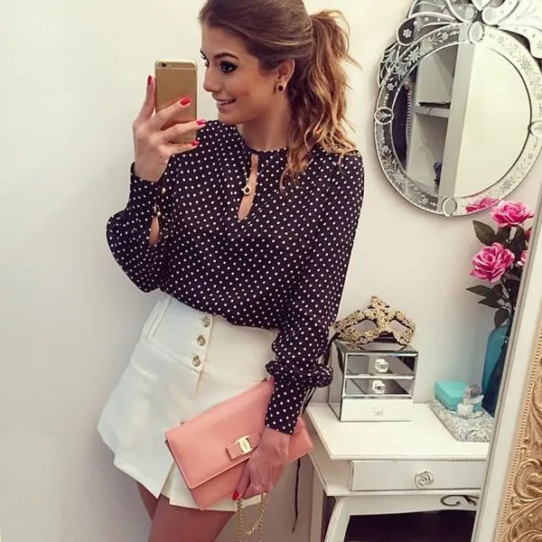 Women Casual Long Sleeve Blouses Chiffon Polka Dots Shirt Tops Fashion On