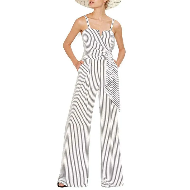 Women Off Shoulder Strap Playsuit Stripe Romper Long Wide Leg Jumpsuit
