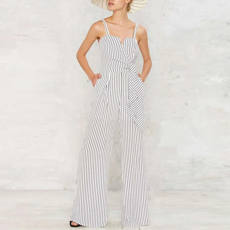 Women Off Shoulder Strap Playsuit Stripe Romper Long Wide Leg Jumpsuit
