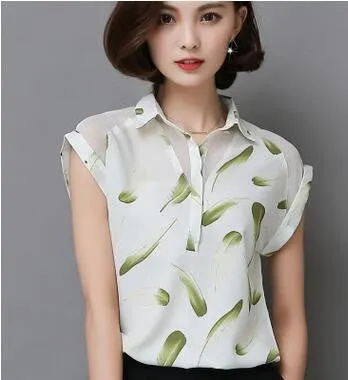 Women Plus Size Chiffon Blouses Lady Female Work Casual Short Sleeve Floral Printed Shirts Turn Down Collar