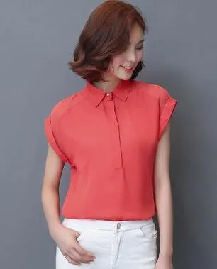 Women Plus Size Chiffon Blouses Lady Female Work Casual Short Sleeve Floral Printed Shirts Turn Down Collar