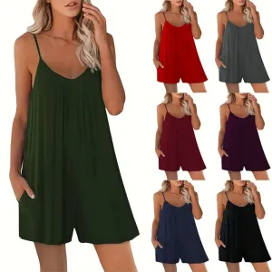 Women's Casual Strap Shorts  Solid Round Neck Loose Pocket Jumpsuit
