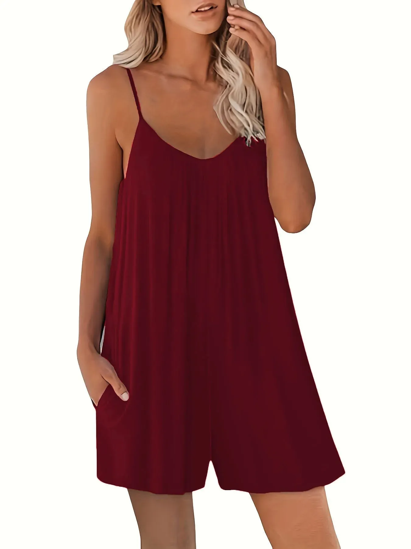 Women's Casual Strap Shorts  Solid Round Neck Loose Pocket Jumpsuit