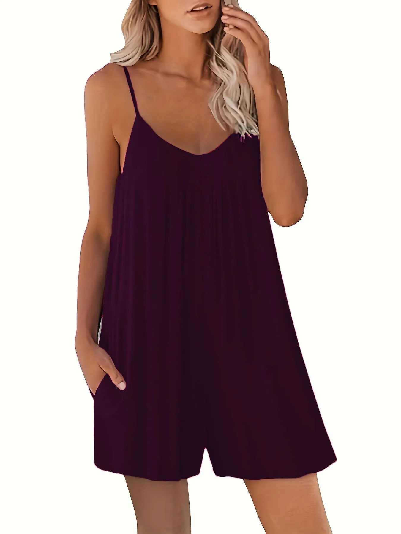 Women's Casual Strap Shorts  Solid Round Neck Loose Pocket Jumpsuit