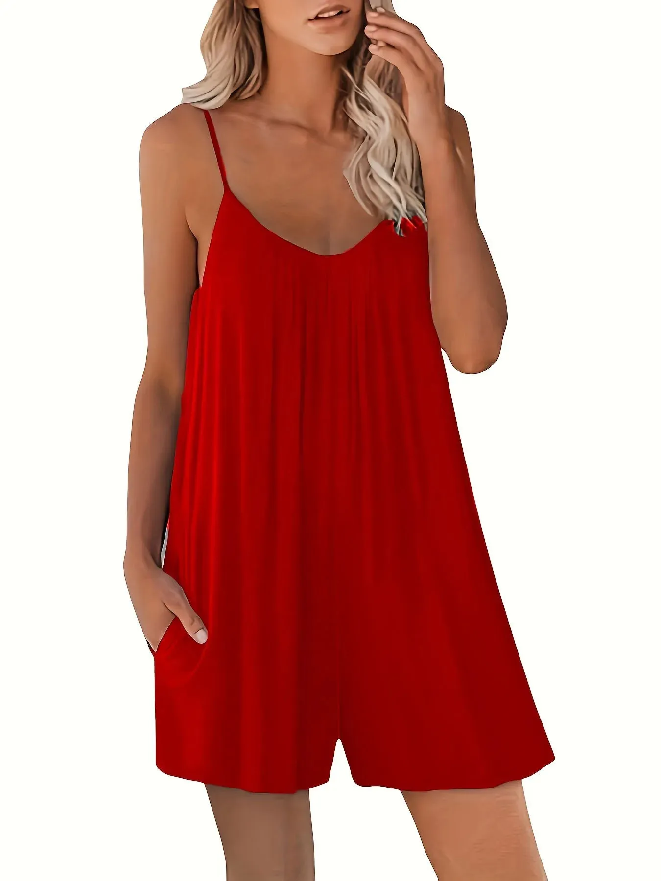 Women's Casual Strap Shorts  Solid Round Neck Loose Pocket Jumpsuit