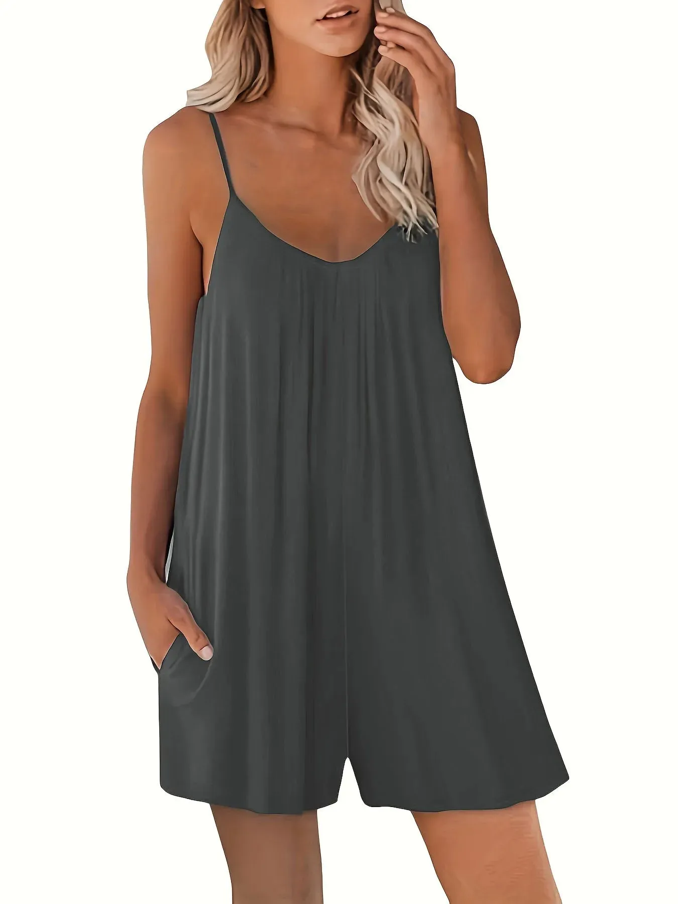 Women's Casual Strap Shorts  Solid Round Neck Loose Pocket Jumpsuit