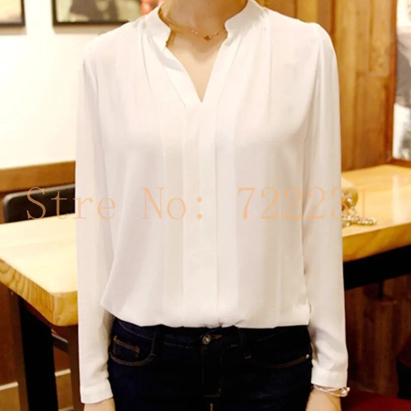 Women's Long-sleeved Green Solid Chiffon Shirt Elegant White Blouse V-neck Plus Size Women Blouses Office
