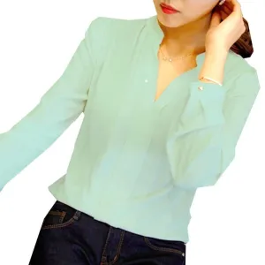 Women's Long-sleeved Green Solid Chiffon Shirt Elegant White Blouse V-neck Plus Size Women Blouses Office
