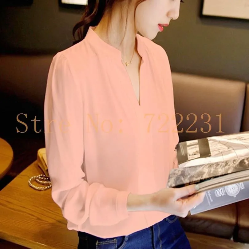 Women's Long-sleeved Green Solid Chiffon Shirt Elegant White Blouse V-neck Plus Size Women Blouses Office