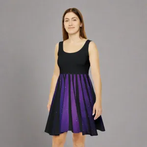 Women's Purple Starry Night Sky & Black Striped Graphic Design Sleeveless Skater Dress