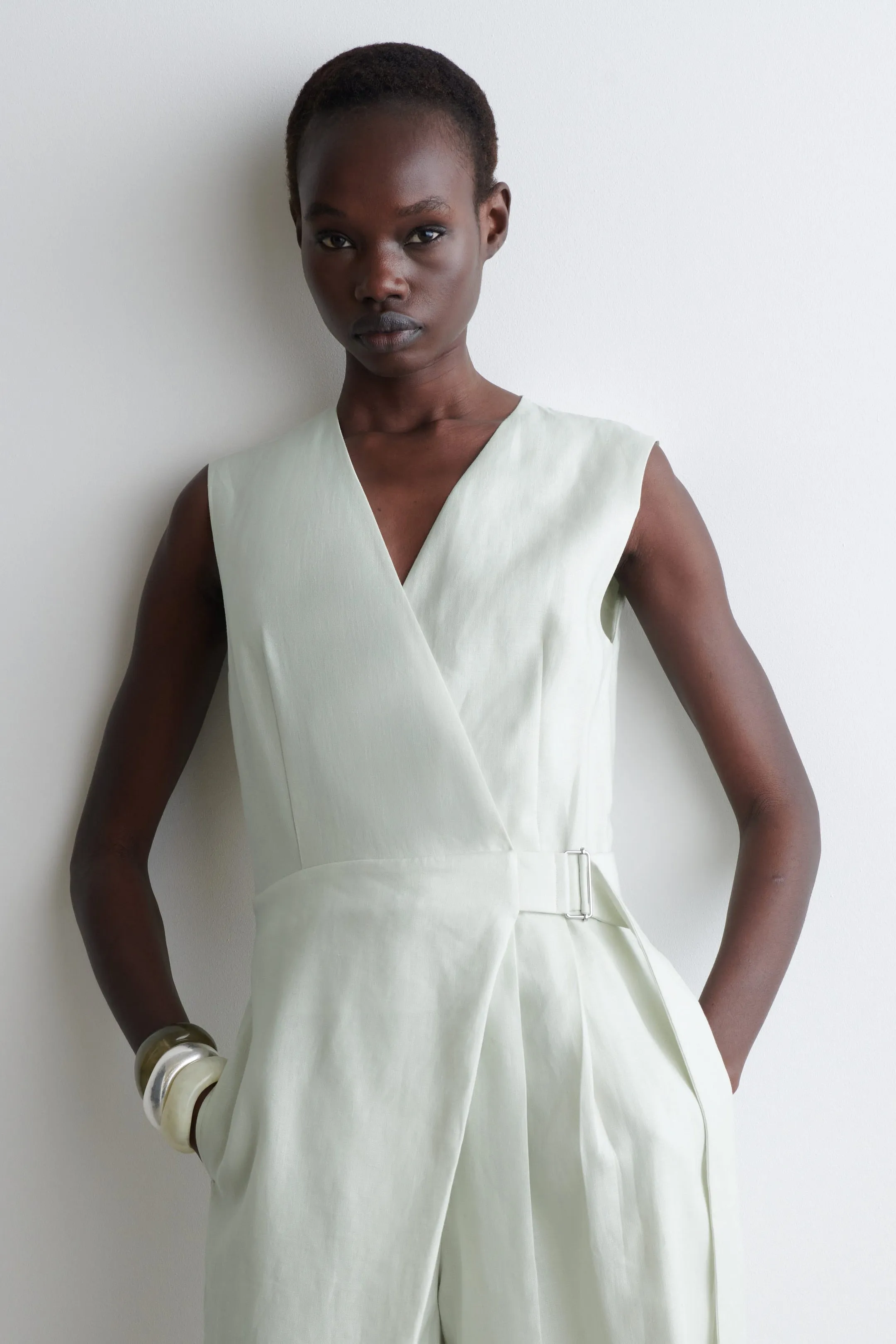 Wrap-Front Linen Jumpsuit